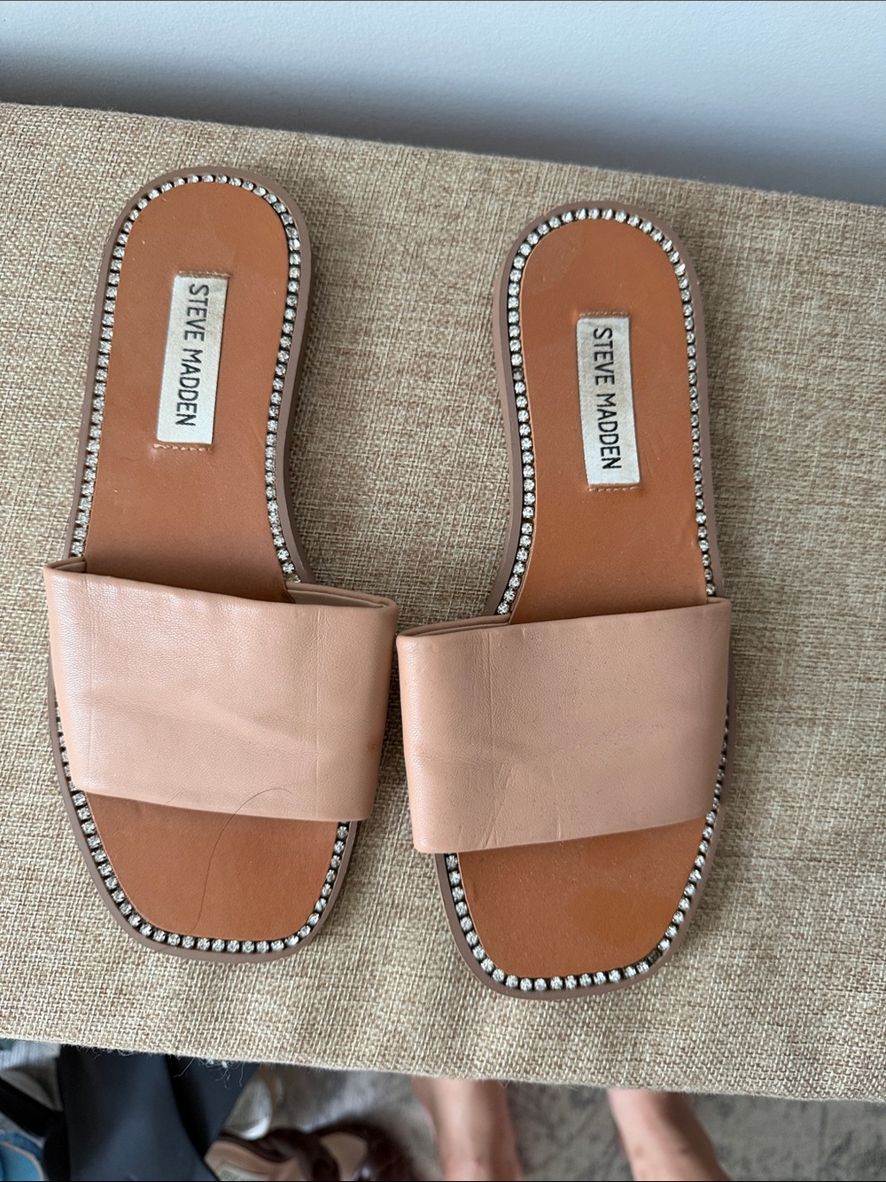 Steve Madden Novelty Nude/Pink Crystal-Trim Slide Sandals
